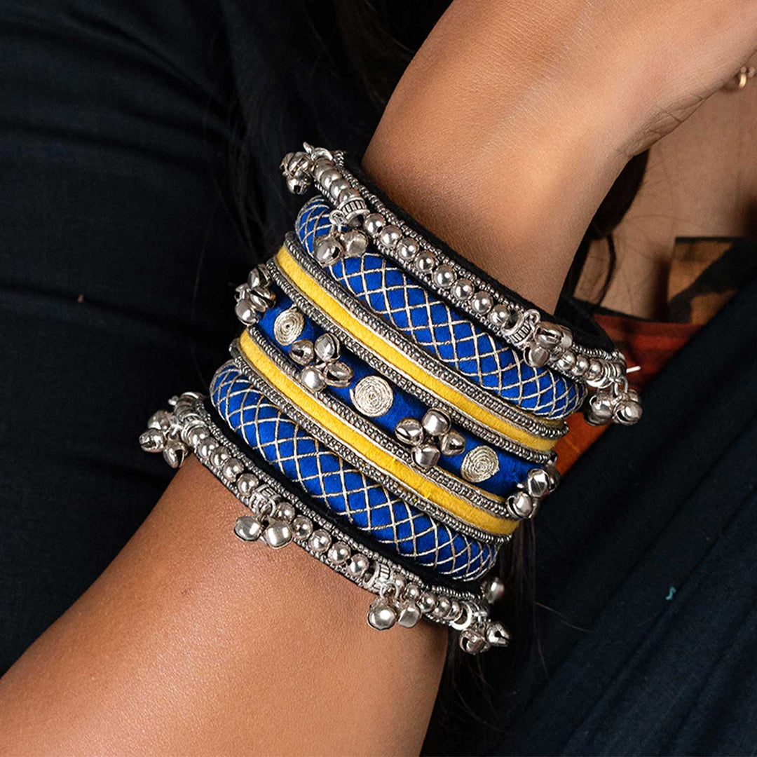 Blue & Yellow Handcrafted Meher Silver Ghugharu Bangles | Set of 7