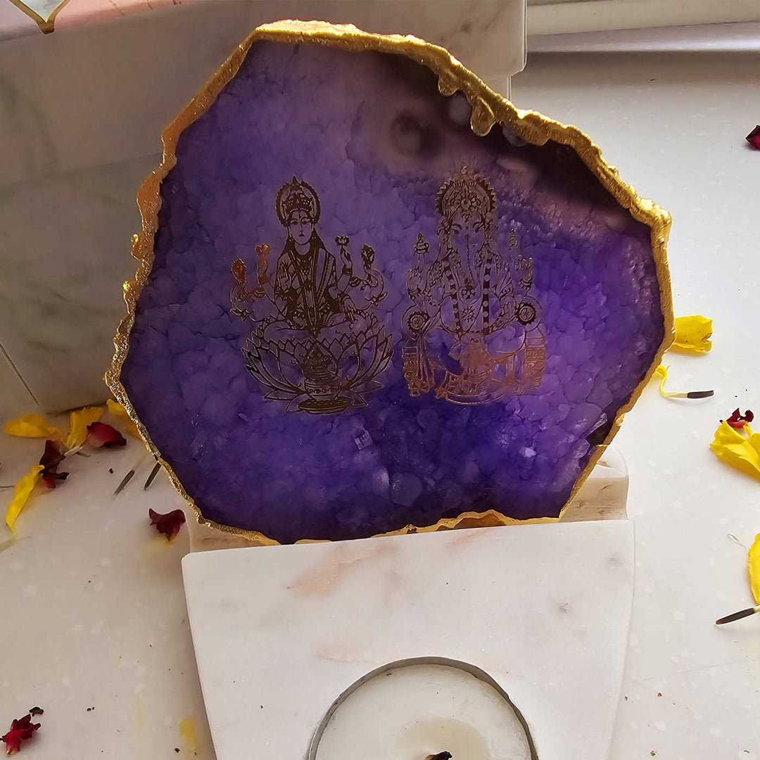 Handmade Purple Laxmi Ganesha Agate Decor With Marble Base Tea Light Holder