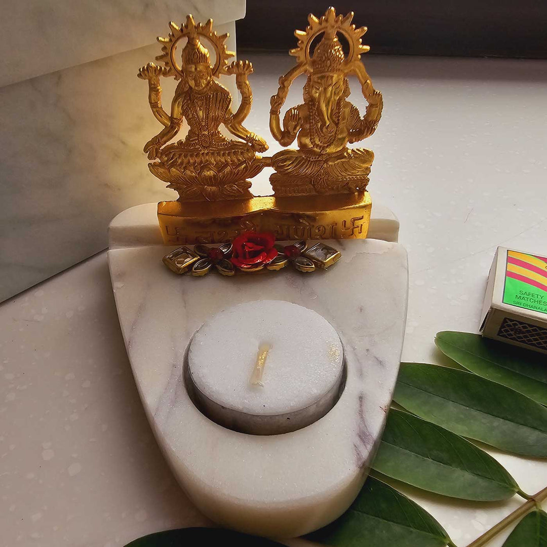 Handmade Laxmi Ganesha With Marble Base Tea Light Holder