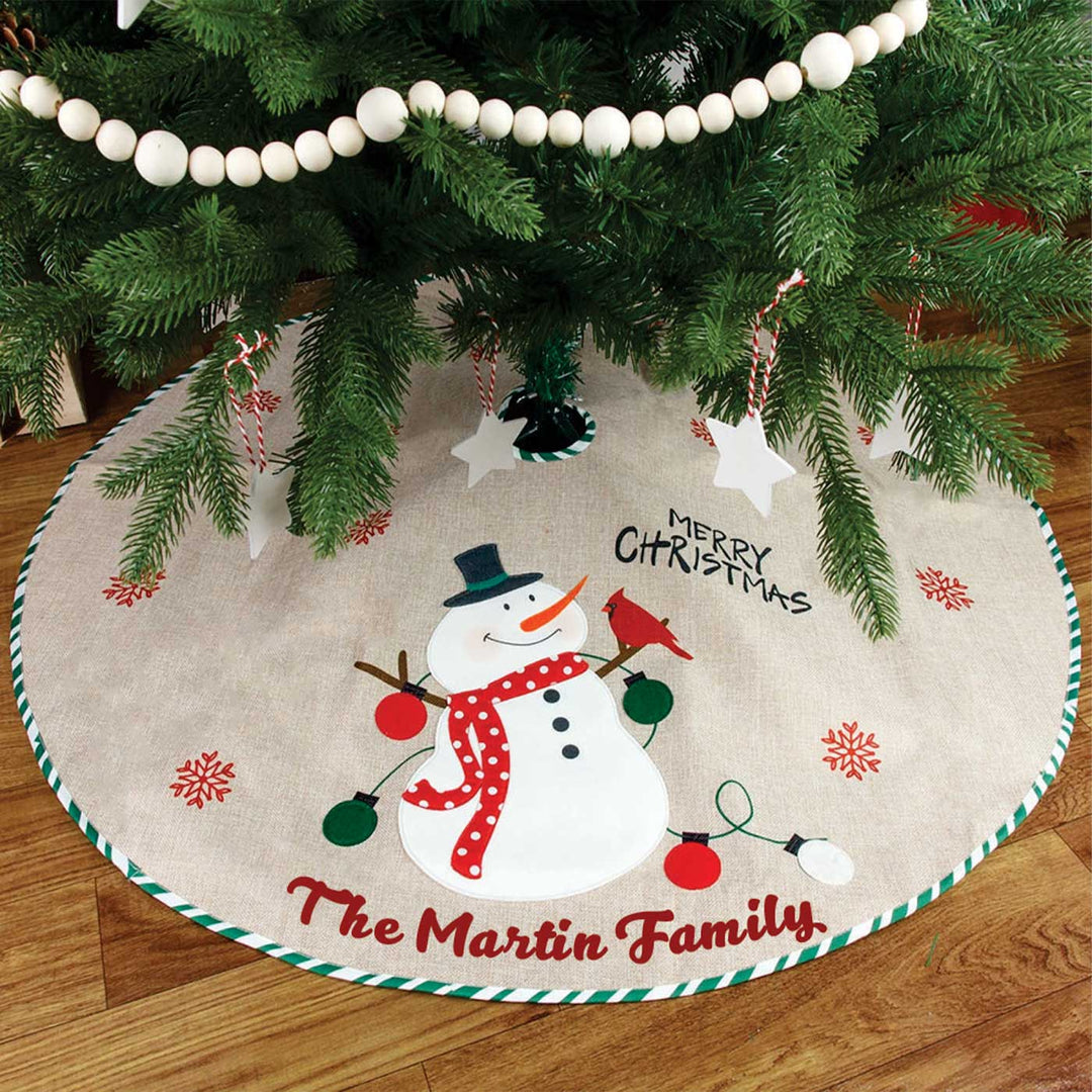 Personalized Snowman’s Embrace Linen Tree Skirt For Christmas Tree Decoration