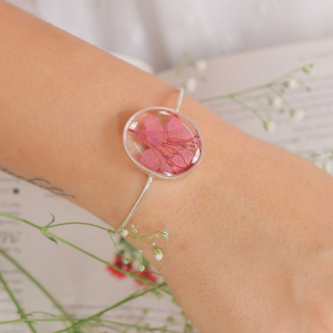 Handmade Pink Preserved Flower Brass Bangle