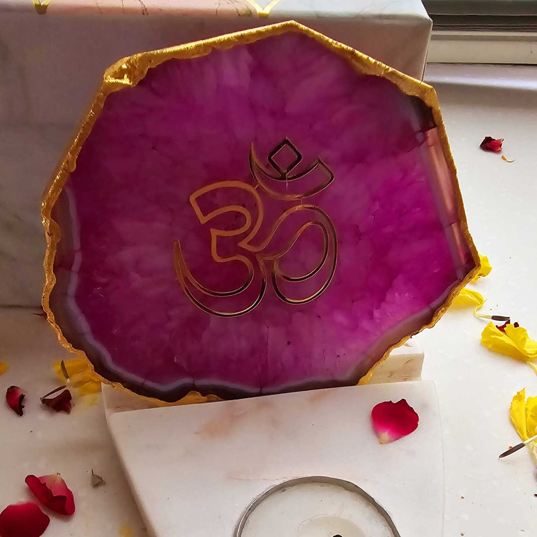 Handmade Pink Om Agate Decor With Marble Base Tea Light Holder