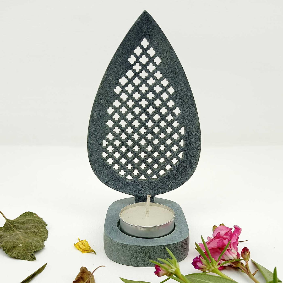 Handmade Grey Taifa Leaf Shape Soapstone Tealight Holder