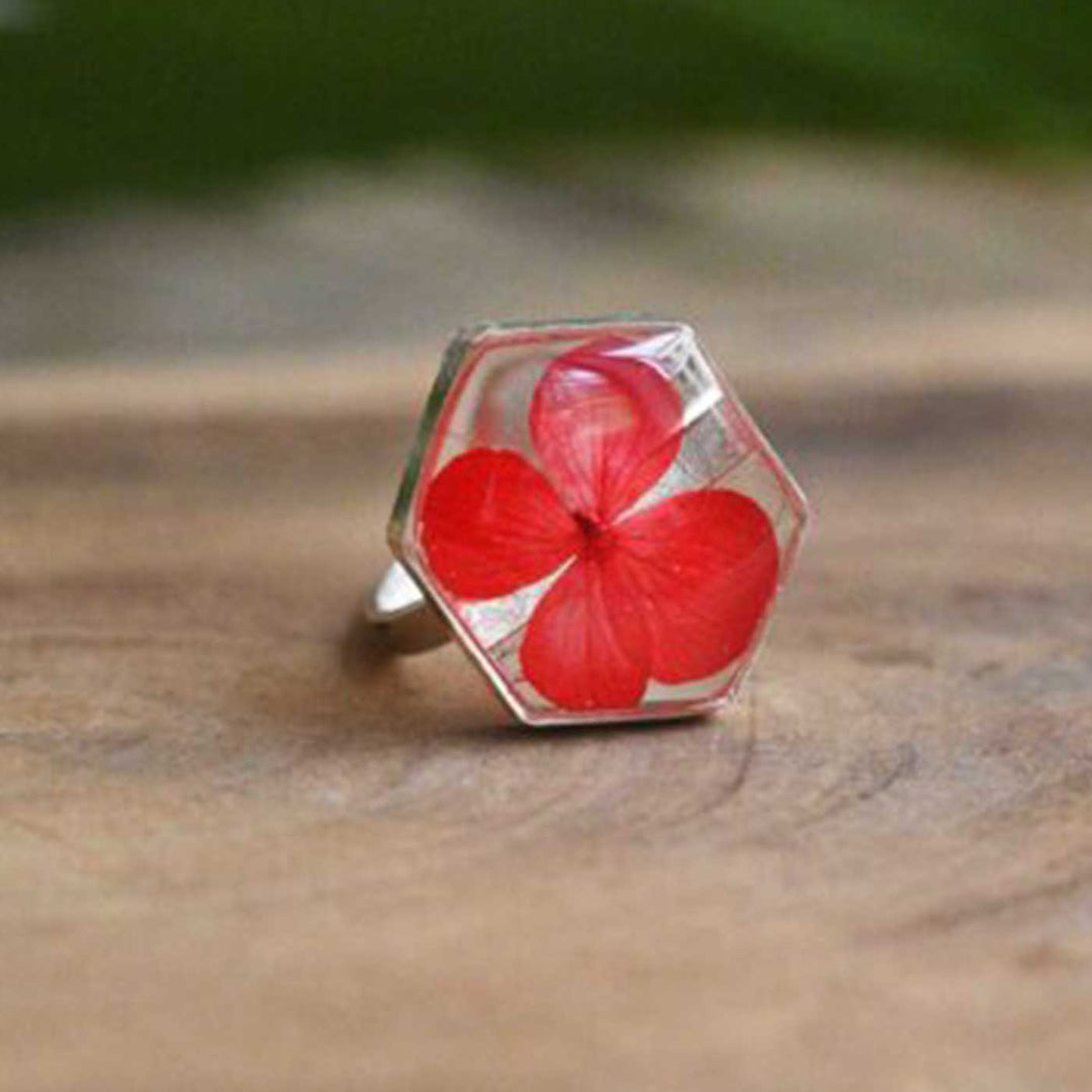 Handmade Red Preserved Flower Brass Ring