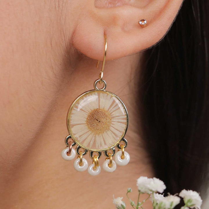 Handmade Preserved Flower Dainty Aster Brass Earrings