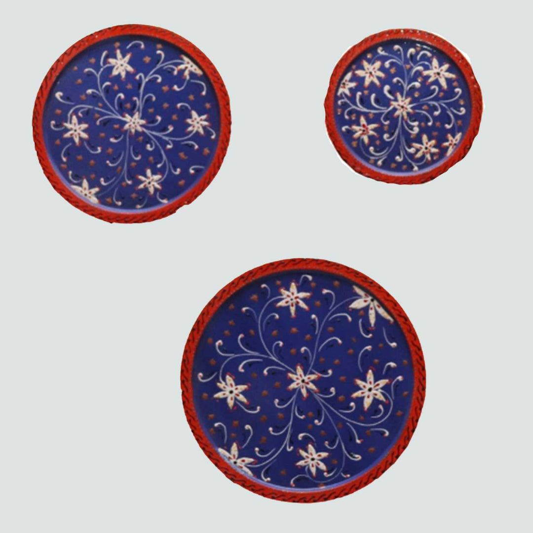 Hand-Painted Dark Blue Ornate Wooden Wall Plate | Set Of 3