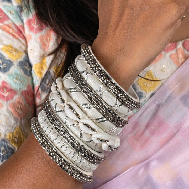 White & Silver Handcrafted Bandini Beaded Shell Bangles | Set of 9