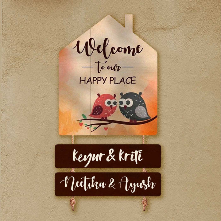 Printed Wooden House Shaped Owl Nameplate For Family