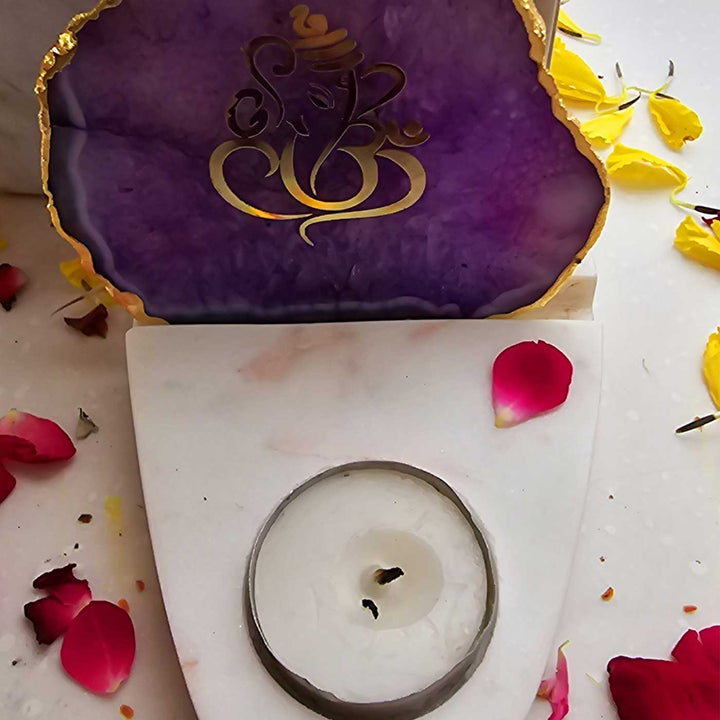 Handmade Purple Ganesha Agate Decor With Marble Base Tea Light Holder