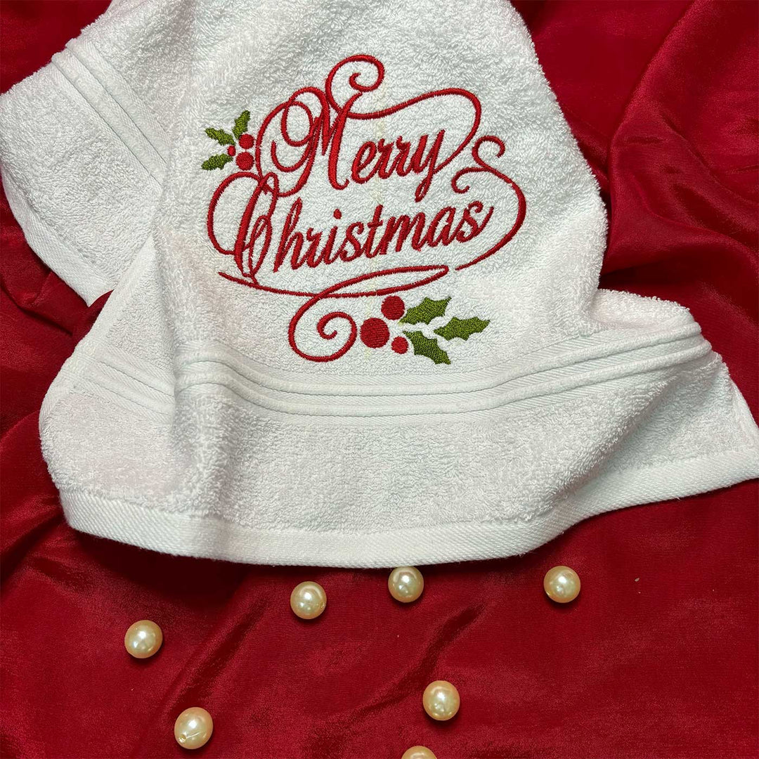 Personalized Merry Christmas Embroidered Cotton Hand Towel | Secret Santa Gift Ideas