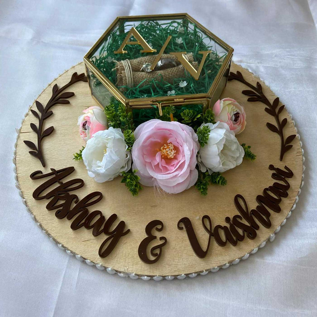 Personalized Engraved Letters Engagement Ring Wooden Platter With Ring Box