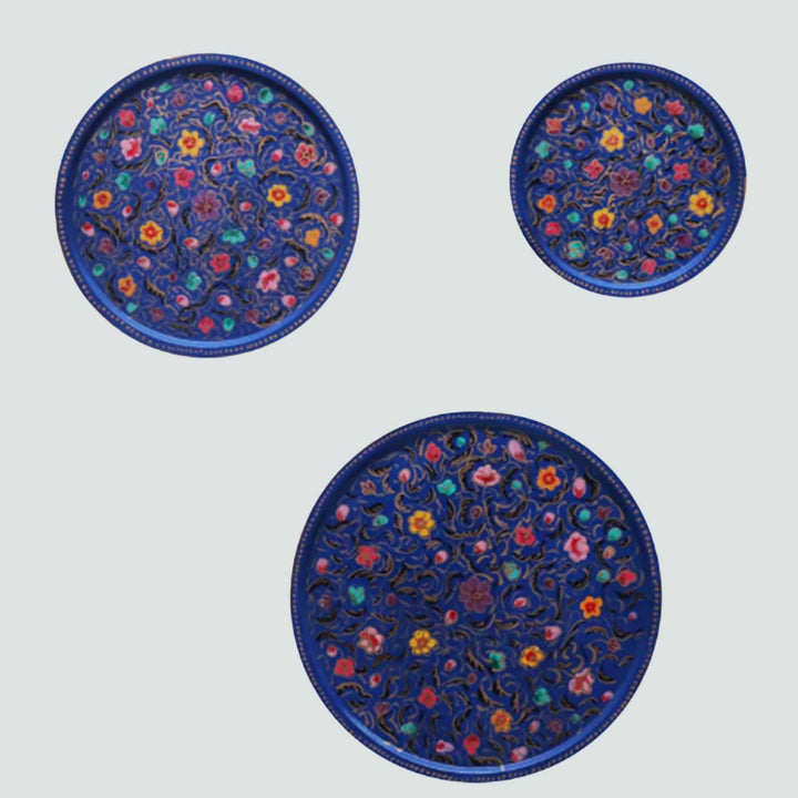 Hand-Painted Dark Blue Ornate Wooden Wall Plate | Set Of 3