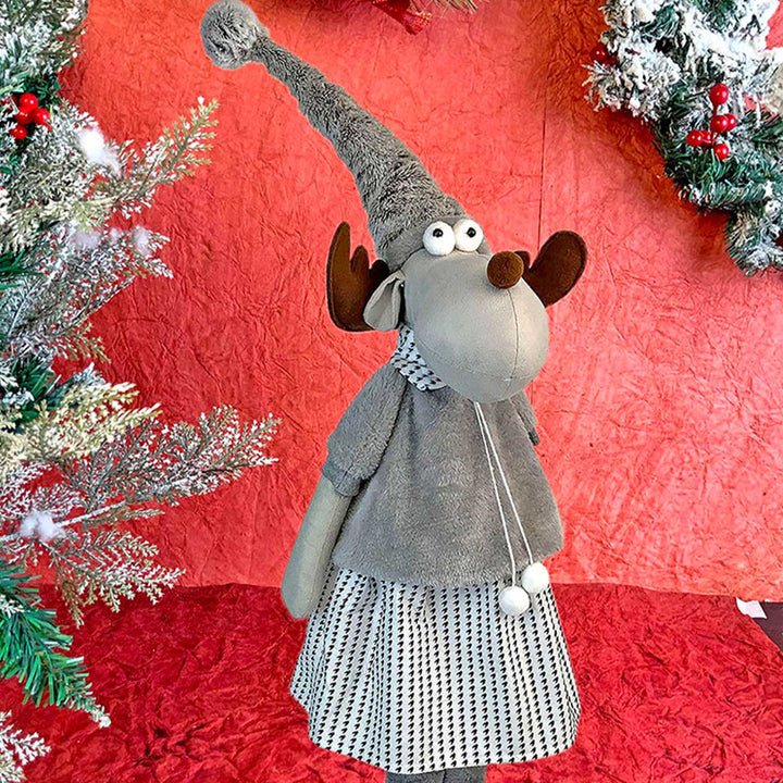 Grey Dress Mrs. Reindeer Self-Standing Woolen Decor For Christmas Table Decoration