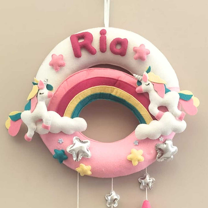 Personalized White & Pink Unicorn Theme Round Felt Kid's Nameplate