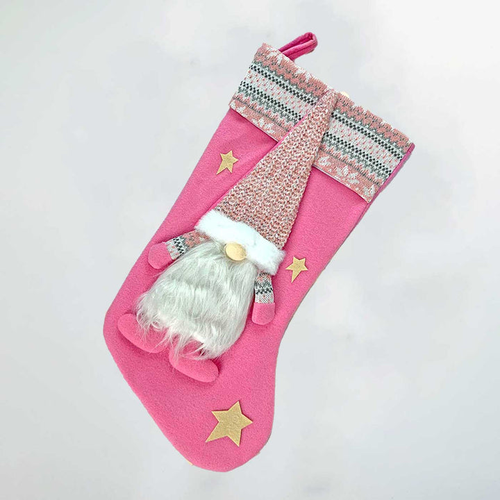 Handmade Pink Gnome Woolen Stockings For Christmas Decoration