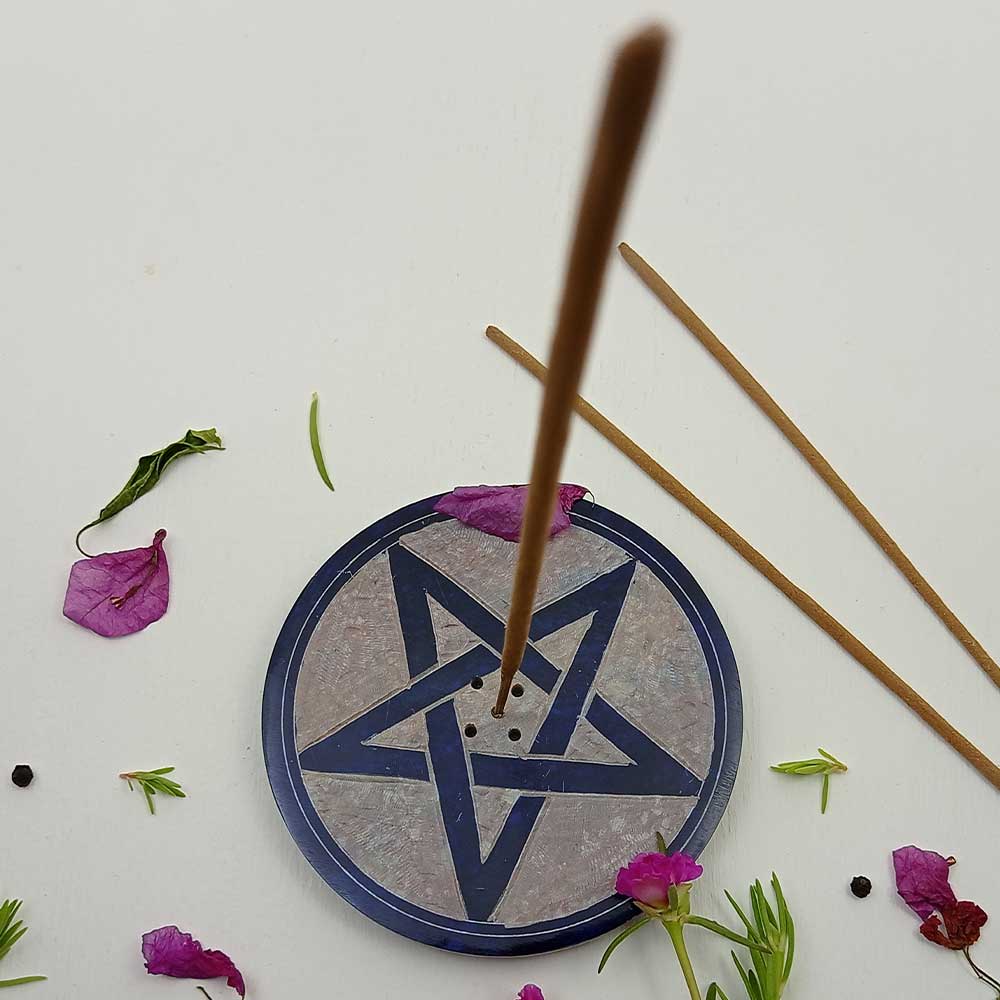 Handmade Blue Givon Pentacle Soapstone Incense Stick Holder | Set of 2