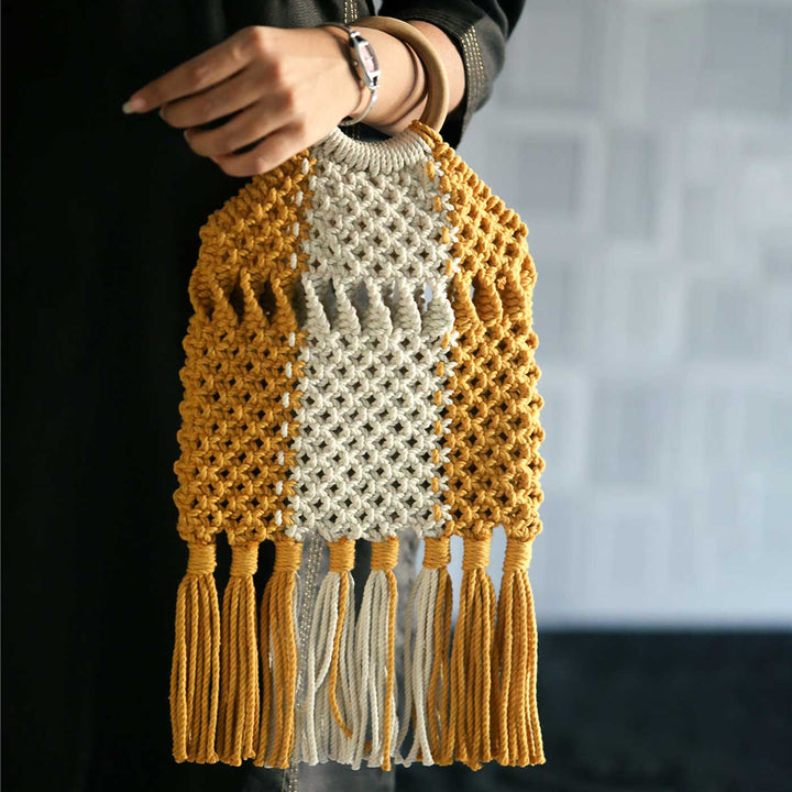 Handmade Macrame Beach Bag With Wooden Handle