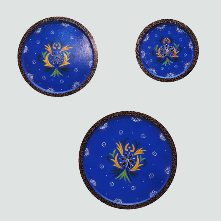 Hand-Painted Blue Ornate Wooden Wall Plate | Set Of 3