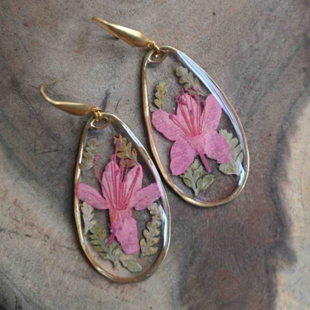 Handmade Preserved Flower Himalayan Rhododendron Brass Earrings