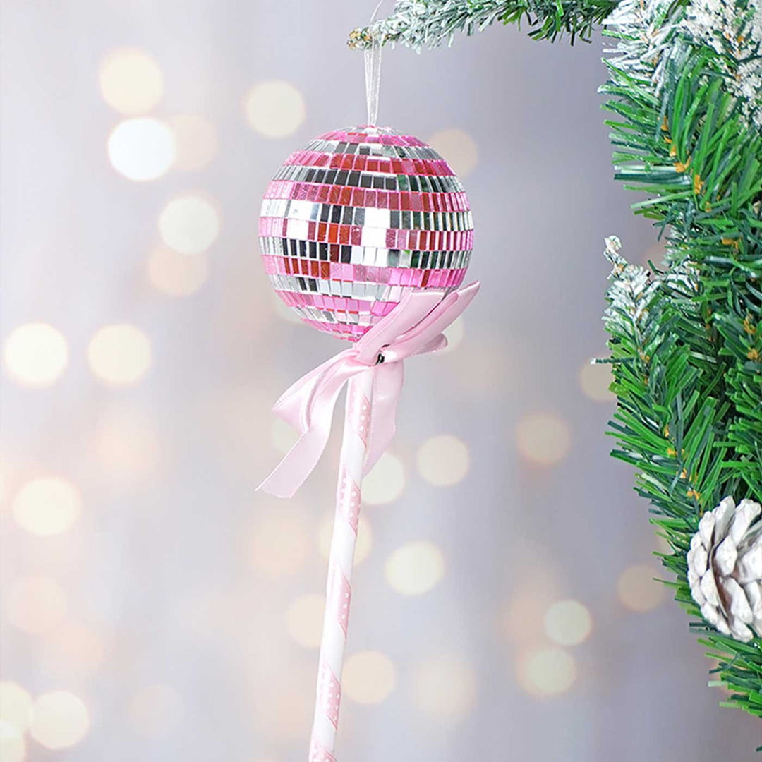 Handmade Pink Shiny Disco Themed Candy Shaped Ornaments For Christmas Tree Decoration | Set Of 2