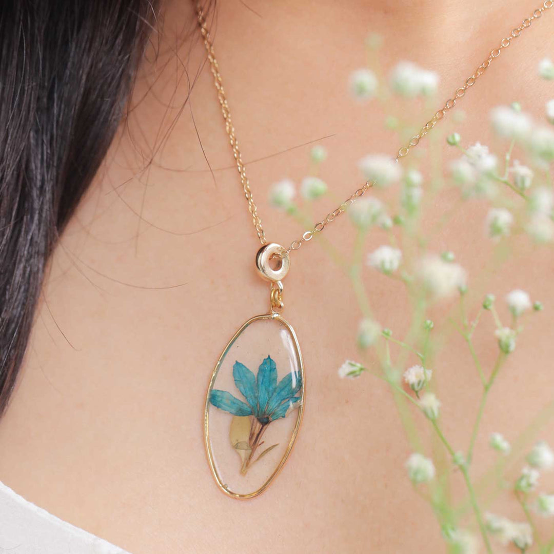 Handmade Preserved Flower Fairy Fan Elongated Brass Necklace