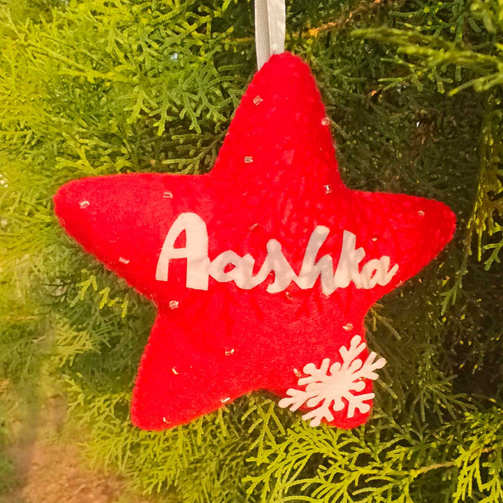 Personalized Red Star With Snowflake Felt Ornament For Christmas Tree Decoration