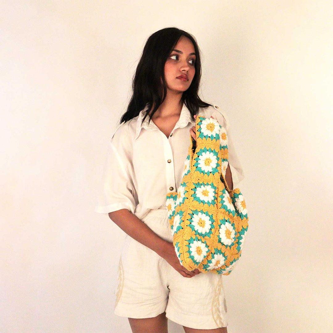 Handmade Crochet Yellow Floral Shopper Tote Bag