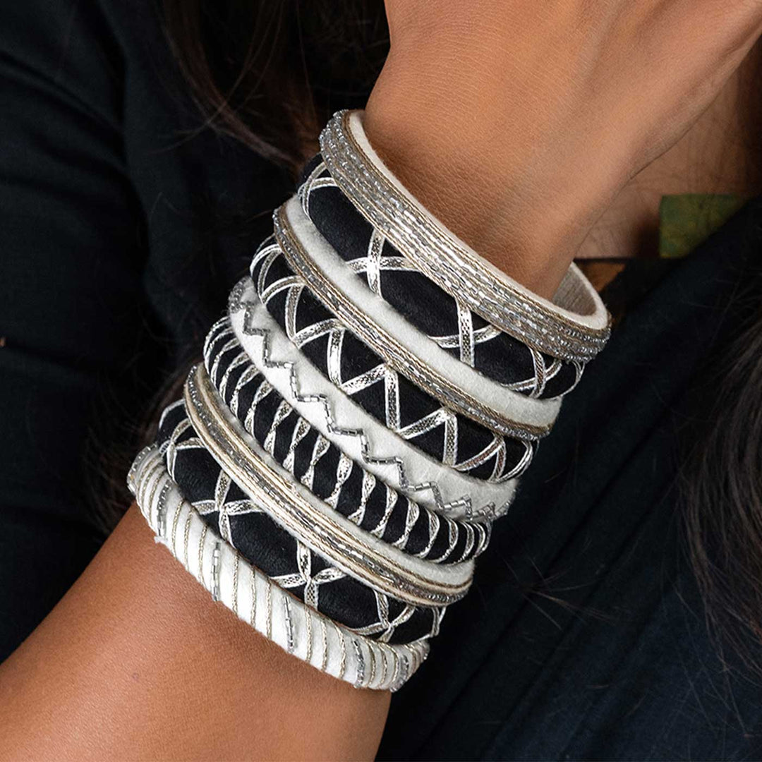 Black & White Handcrafted Damini Gotapatti Bangles | Set of 9