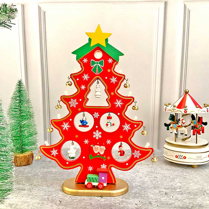 Red Xmas Tree With Led Light Wooden DIY Kit For Christmas Table Decoration | Set Of 15