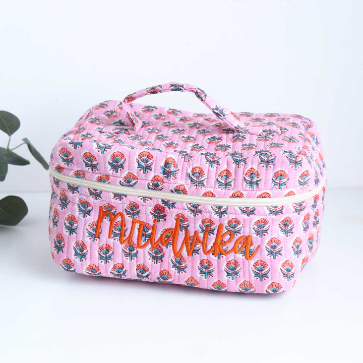 Personalized Block Printed Cotton Pink Vanity Bag