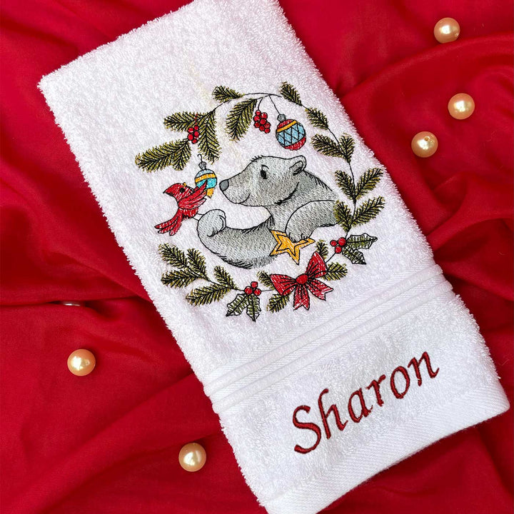 Personalized Bear & Cardinal Embroidered Cotton Hand Towel | Xmas Gifting Ideas