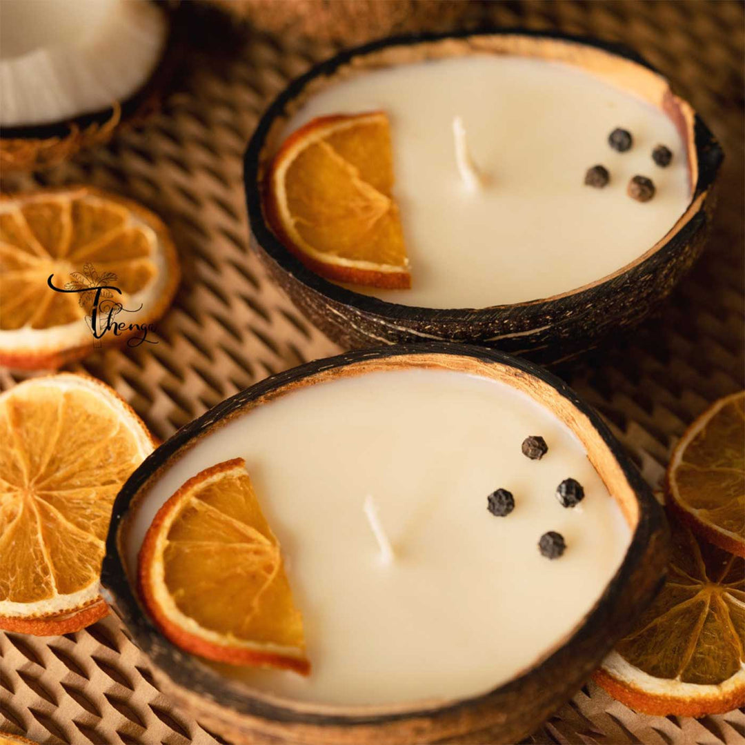 Eco-friendly Handmade Orange & Pepper Scented Coconut Shell Candle | Set Of 2