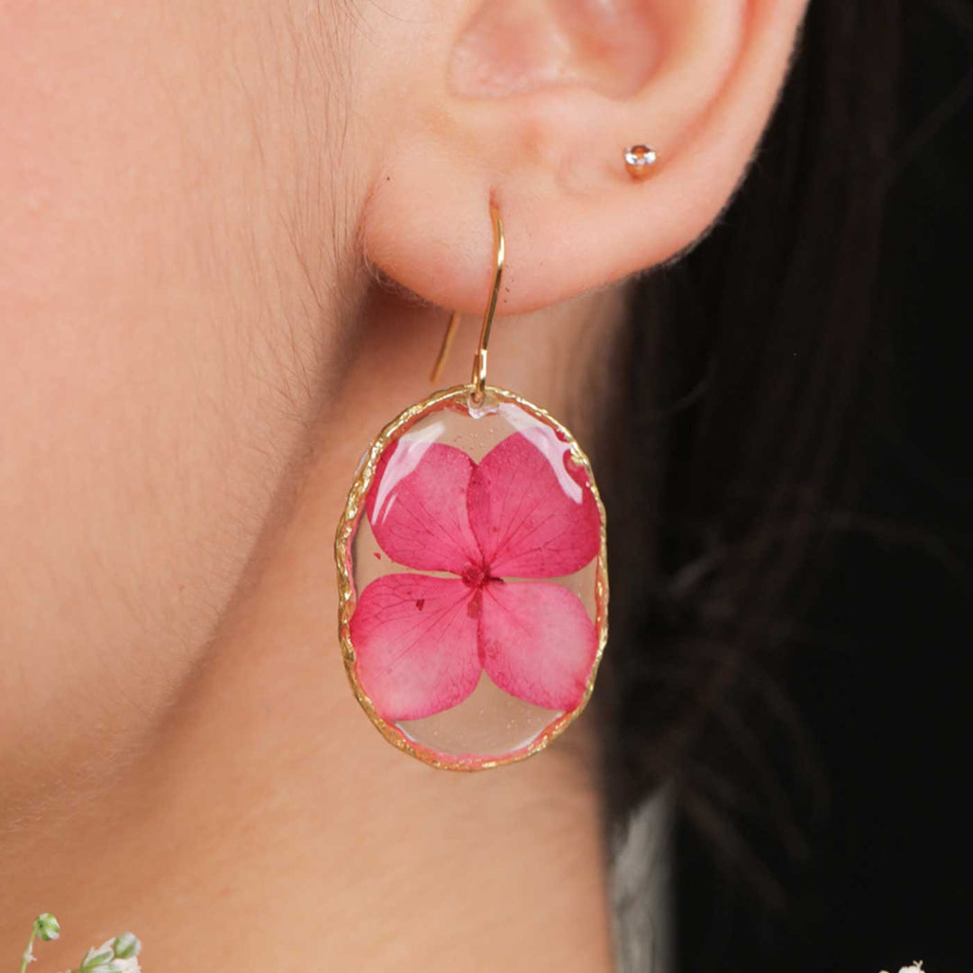 Handmade Preserved Flower Pink Hydrangea Brass Earrings