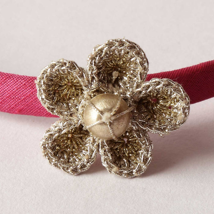 Handmade Gold Metallic Pink Crochet Flower Headband