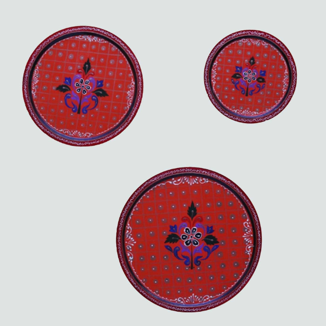 Hand-Painted Red Ornate Wooden Wall Plate | Set Of 3