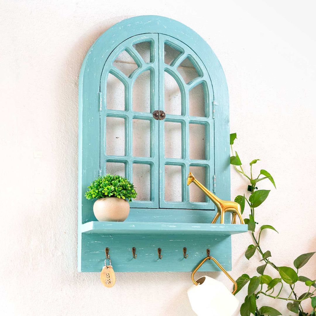 Handmade Cottage Wooden Window Frame With Shelf & Key Holder