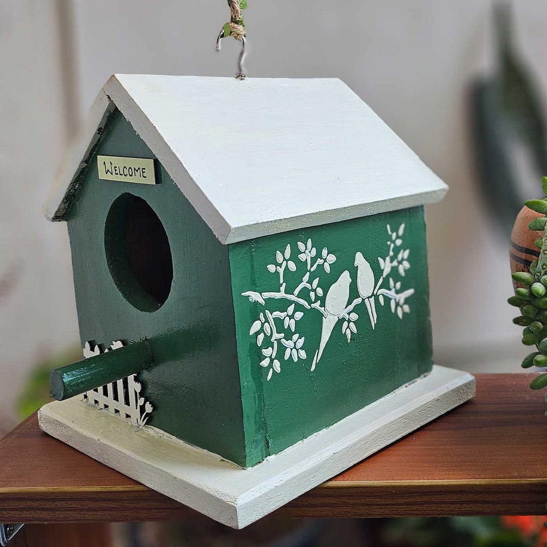 Hand-Painted Green & White Bird House