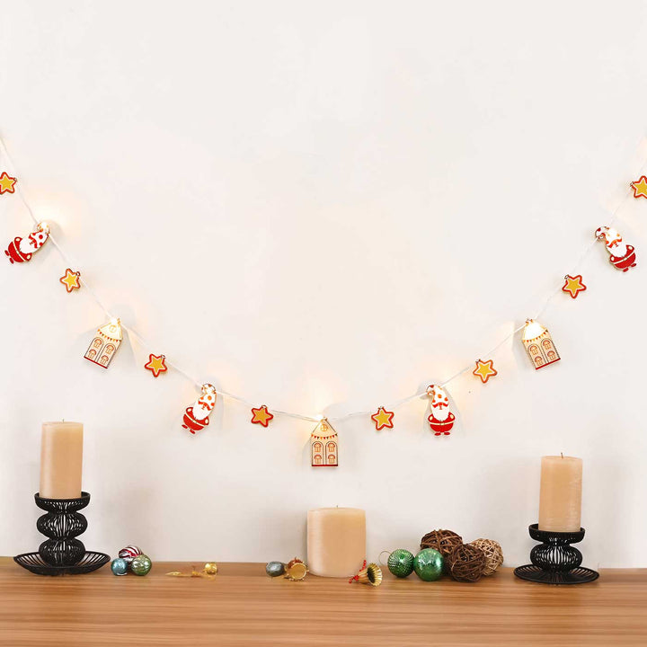 Decorative Pine Wood Santa, House & Star Fairy Light