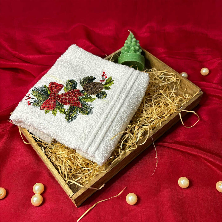 Personalized Pine & Bow Embroidered Towel & Candle Hamper | Secret Santa Gift Ideas | Set Of 3