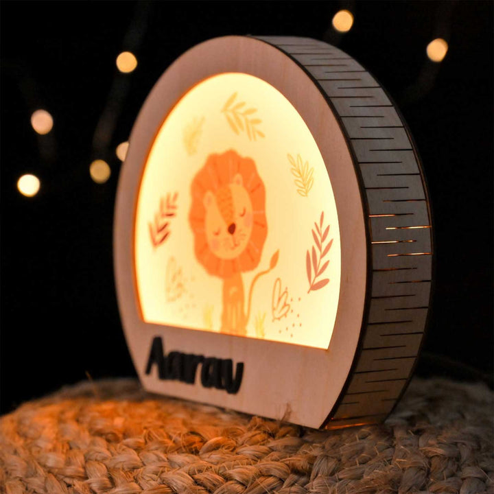 Personalized Lion Theme Wooden Table Lamp With 3D Letters