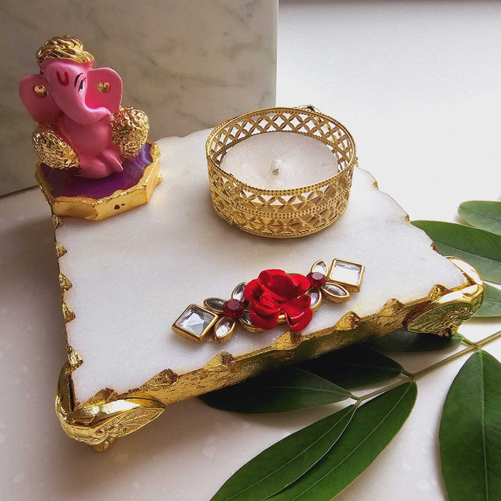 Handmade Pink Ganesha With Marble Pooja Chowki And Tea Light Holder