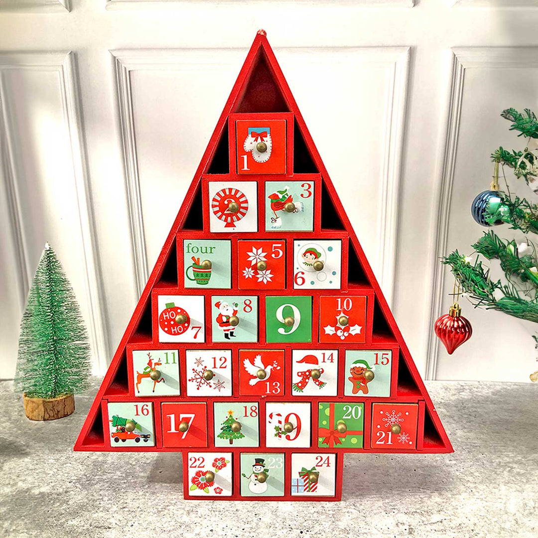 24 Days Wooden Red Tree Shape Advent Calendar | Xmas Gifting Ideas