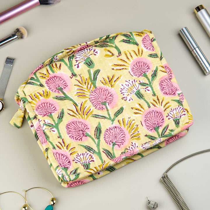 Block Printed Blossom Delight Cotton Jewellery & Travel Pouch