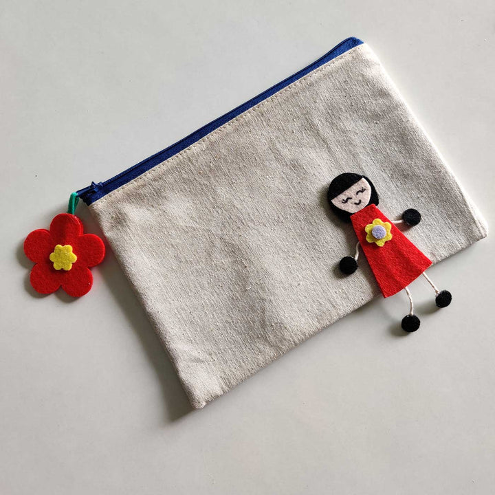 Handmade Red Flower & Doll Cotton Pouch