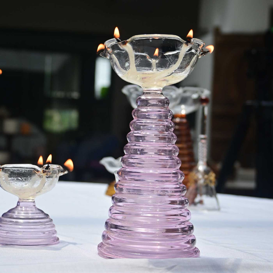 Handmade Pink Tall Borosil Glass Oil Lamp / Diya | 5.9  inch