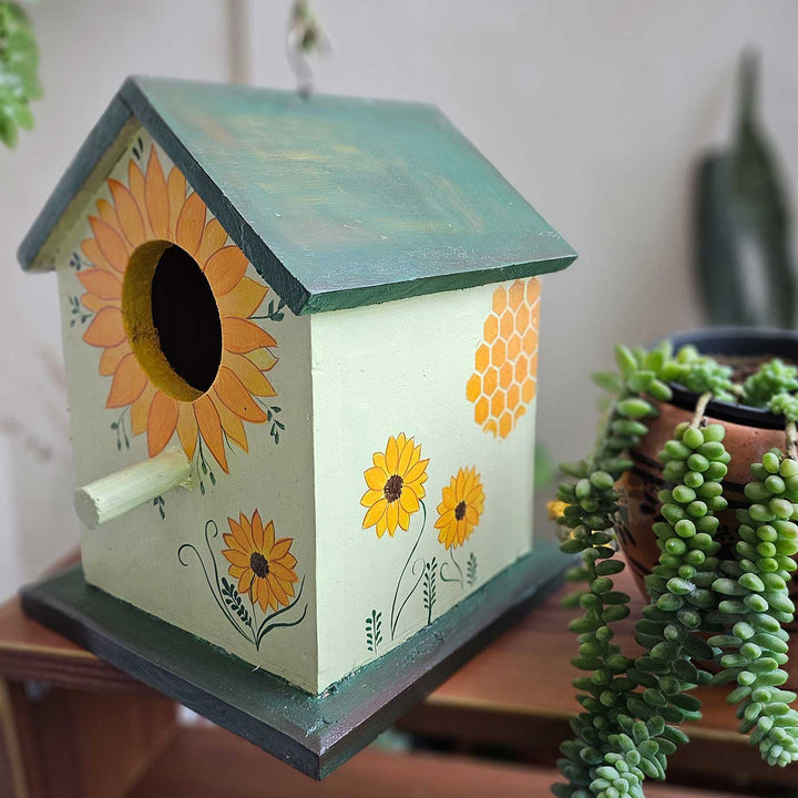 Hand-Painted Green Sunflower Bird House