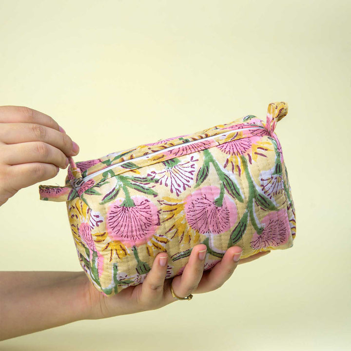 Handmade Block Printed Floral Meadow Quilted Cotton Toiletry Pouch