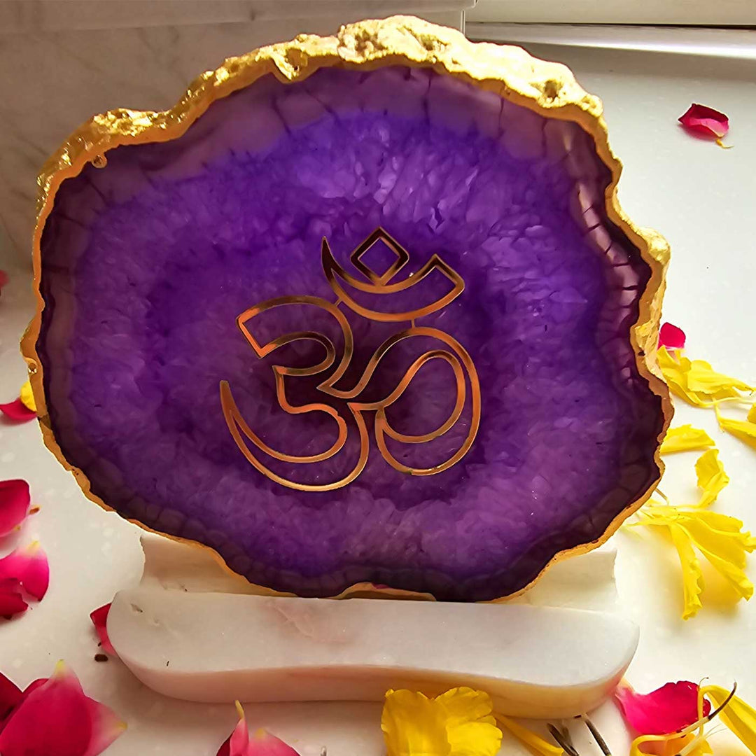 Handmade Purple Om Agate Decor With Marble Tea Light Holder