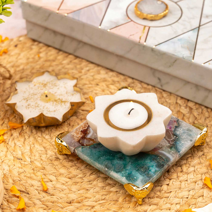 Handmade Multicolor Marble & Brass Diya Bowl With Agate Chowki & Candle | Set of 3