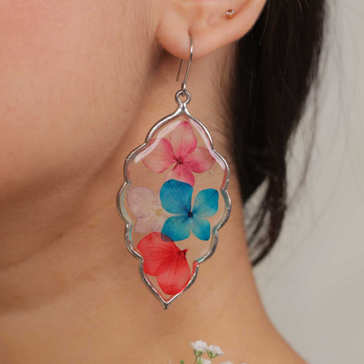 Handmade Preserved Flower Multicolour Hydrangea Moroccan Brass Earrings